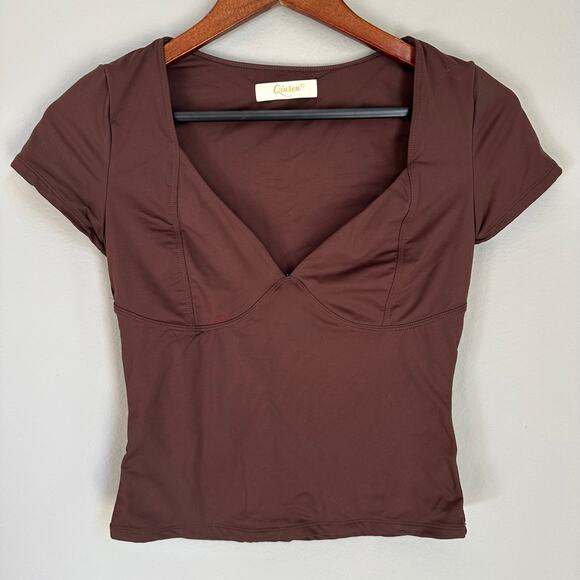 Qinsen Retro Y2K Chocolate Brown Babydoll Top Cap Sleeve Fitted Baby Tee Size XS - Picture 1 of 7